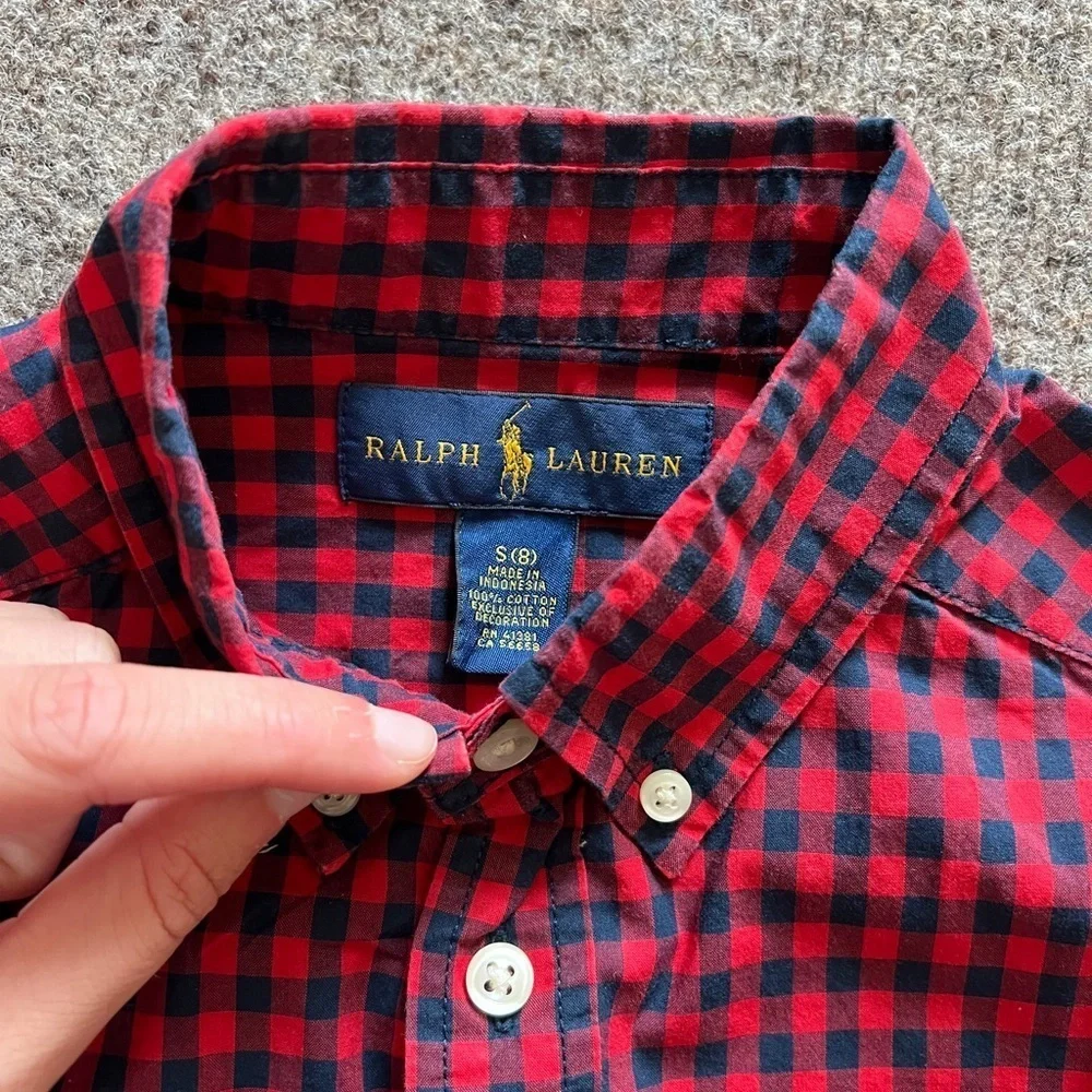 Ralph Lauren Red Navy Gingham Checkered Button Down Long Sleeve Shirt Boys S (8)